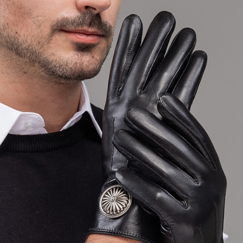 Guanti da uomo in vera pelle con stemma in metallo vintage nero - image 6