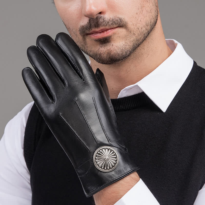 Guanti da uomo in vera pelle con stemma in metallo vintage nero - image 9