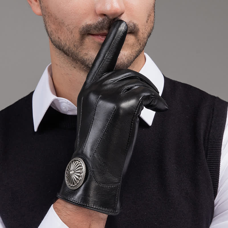 Guanti da uomo in vera pelle con stemma in metallo vintage nero - image 7