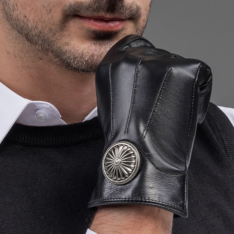 Guanti da uomo in vera pelle con stemma in metallo vintage nero - image 1