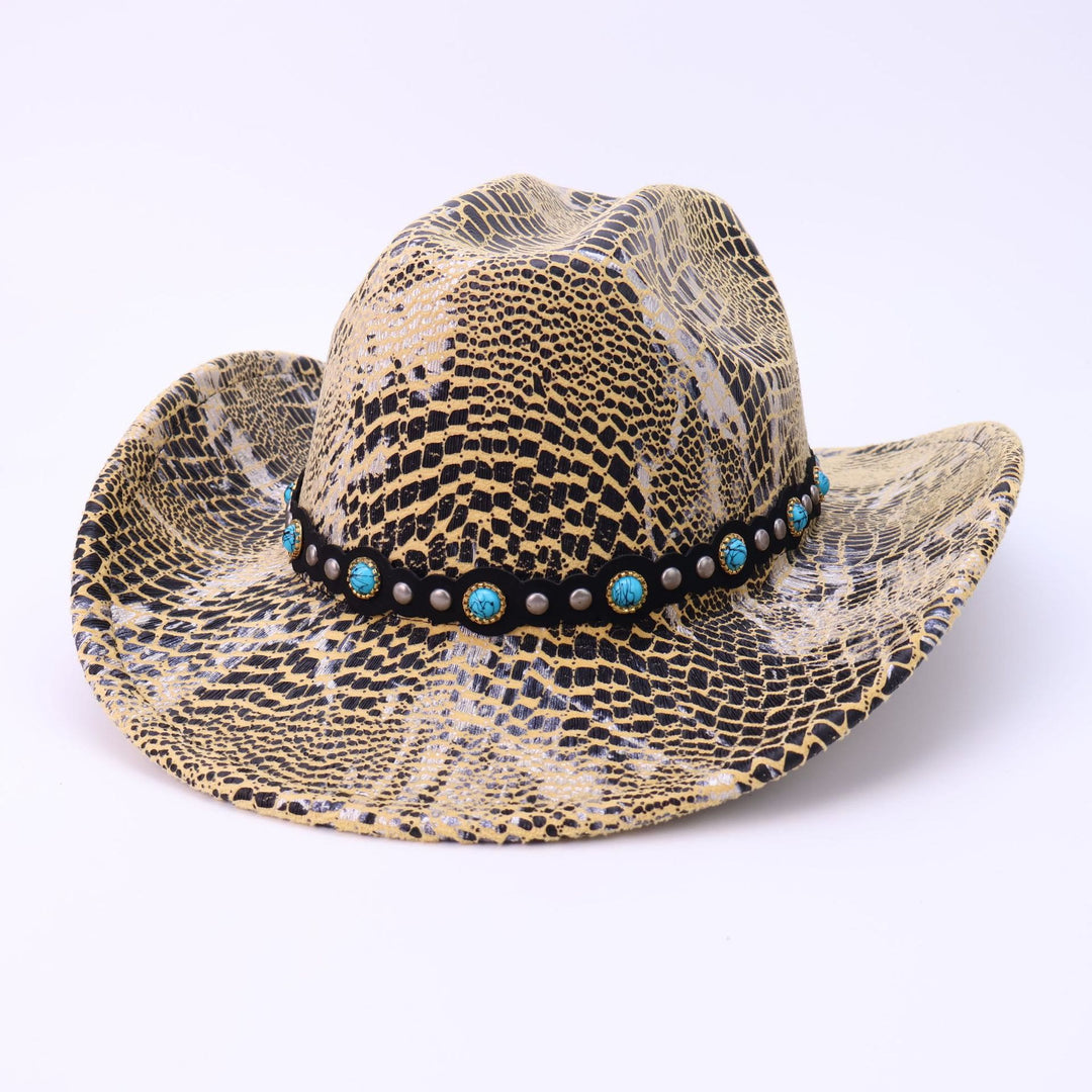 Cappello da cowboy da uomo con cintura nera turchese e motivo coccodrillo - Giallo - M (22"-22 7/8") - image 8