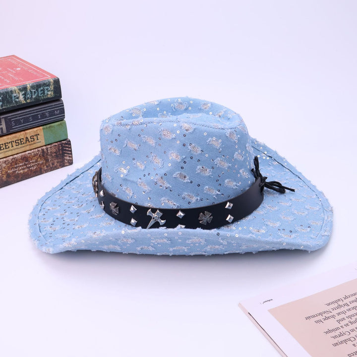 Cappello da cowboy strappato con cintura nera e teschio argentato da uomo - image 3