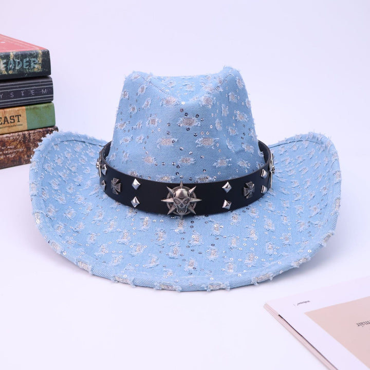 Cappello da cowboy strappato con cintura nera e teschio argentato da uomo - image 2