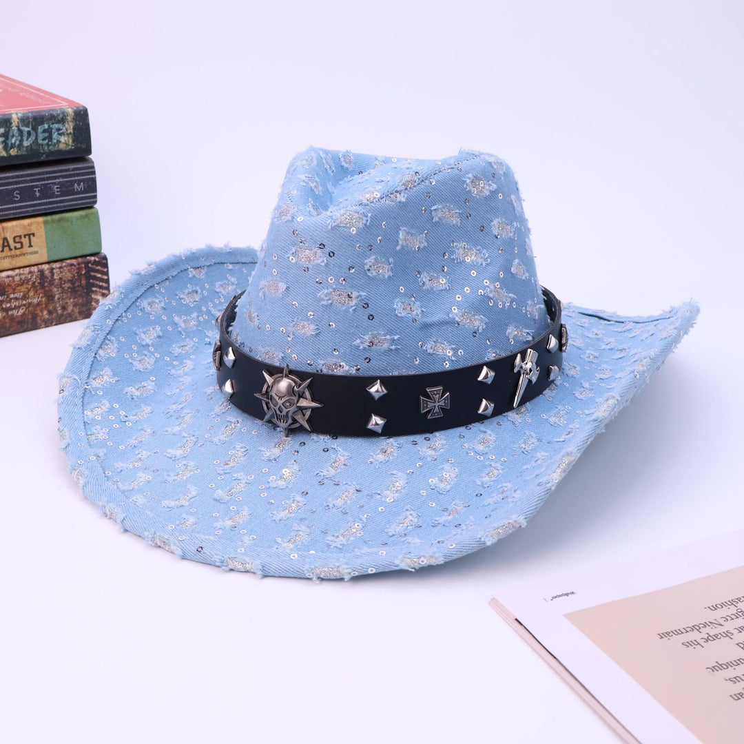Cappello da cowboy strappato con cintura nera e teschio argentato da uomo - Azzurro chiaro - M (22"-22 7/8") - image 1
