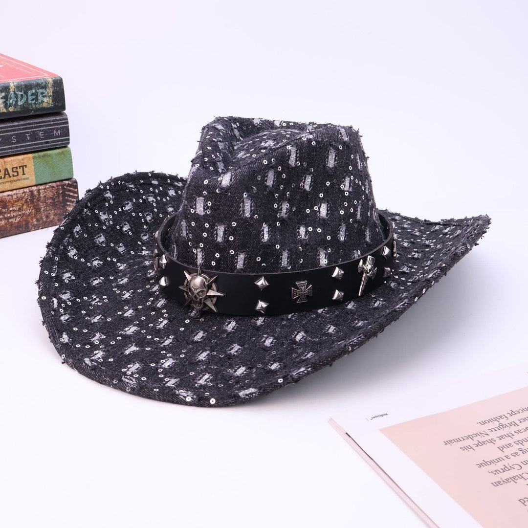 Cappello da cowboy strappato con cintura nera e teschio argentato da uomo - Nero - M (22"-22 7/8") - image 6