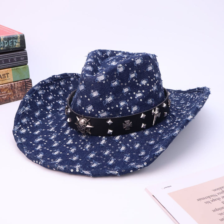 Cappello da cowboy strappato con cintura nera e teschio argentato da uomo - Blu navy - M (22"-22 7/8") - image 5