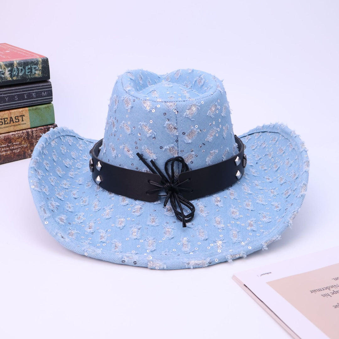 Cappello da cowboy strappato con cintura nera e teschio argentato da uomo - image 4