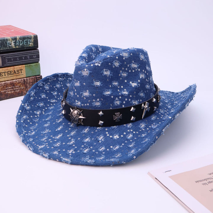 Cappello da cowboy strappato con cintura nera e teschio argentato da uomo - Blu scuro - M (22"-22 7/8") - image 0