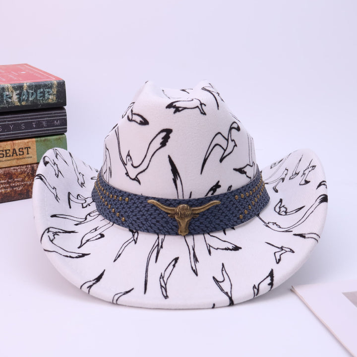 Cappello da cowboy da uomo con cintura in ottone e stampa di uccelli con testa di toro - image 1