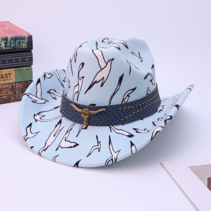Cappello da cowboy da uomo con cintura in ottone e stampa di uccelli con testa di toro - Azzurro chiaro - M (22"-22 7/8") - image 6