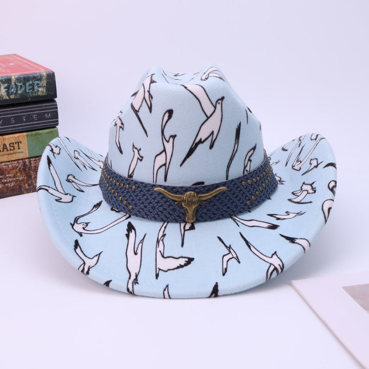 Cappello da cowboy da uomo con cintura in ottone e stampa di uccelli con testa di toro - image 7