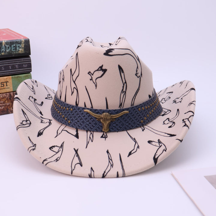 Cappello da cowboy da uomo con cintura in ottone e stampa di uccelli con testa di toro - image 3