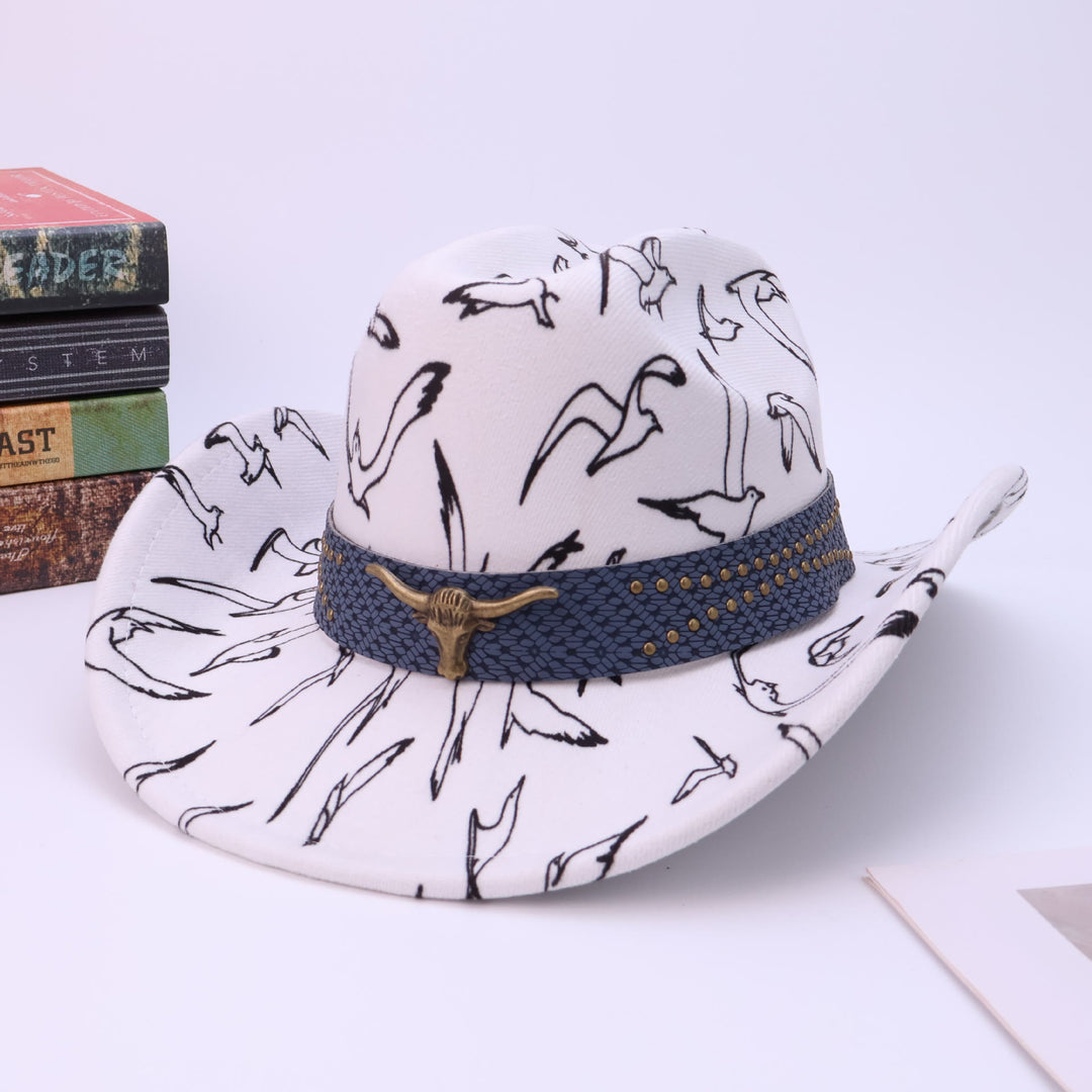Cappello da cowboy da uomo con cintura in ottone e stampa di uccelli con testa di toro - Bianco - M (22"-22 7/8") - image 0