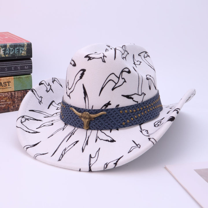 Cappello da cowboy da uomo con cintura in ottone e stampa di uccelli con testa di toro - Bianco - M (22"-22 7/8") - image 0