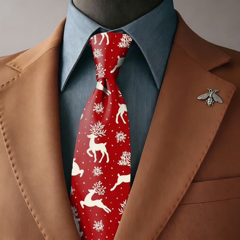 Cravatta da uomo con sfondo rosso, renne bianche e fiocchi di neve - Cravatta - image 0