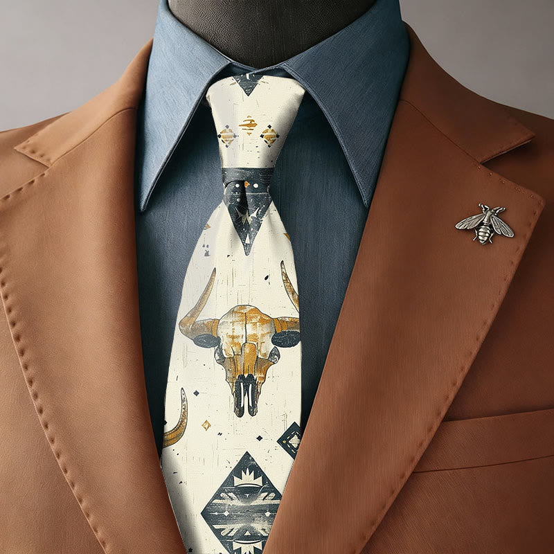 Cravatta da uomo in stile western con motivo retrò a teschio di toro e cactus - Cravatta - image 0