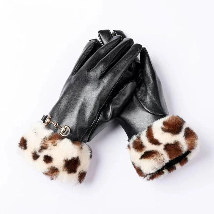Guanti da donna in pelle con stampa leopardata effetto pelliccia - Avorio - image 3