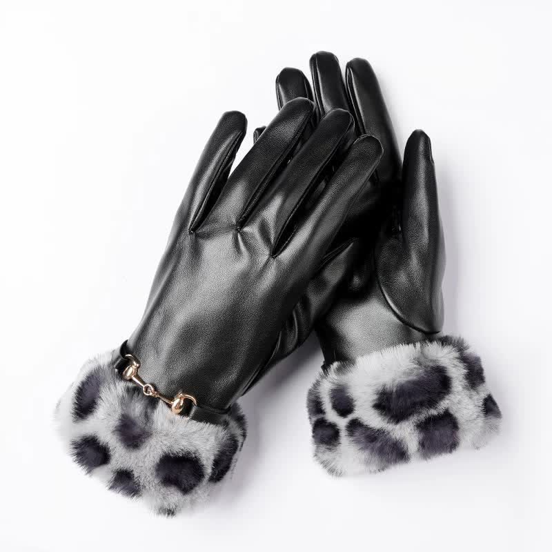 Guanti da donna in pelle con stampa leopardata effetto pelliccia - Grigio - image 2