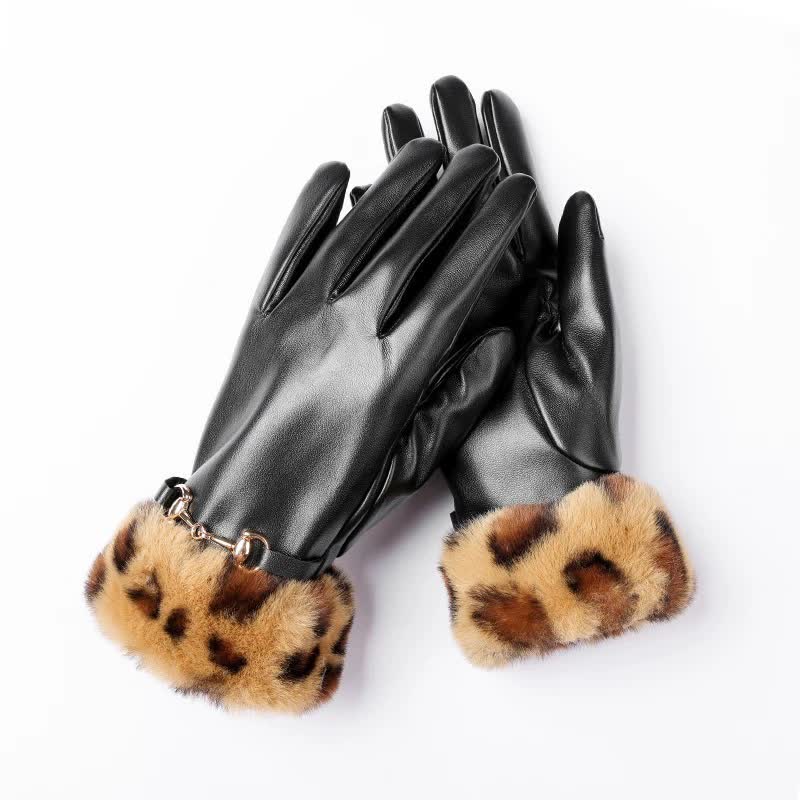 Guanti da donna in pelle con stampa leopardata effetto pelliccia - image 1