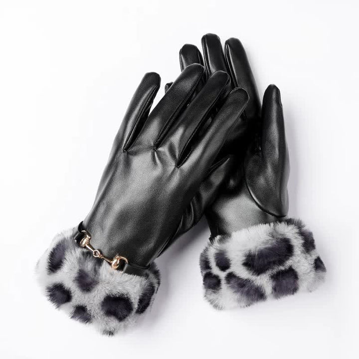 Guanti da donna in pelle con stampa leopardata effetto pelliccia - Grigio - image 2