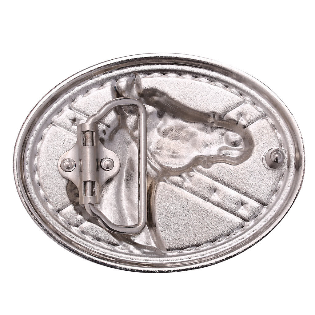 Cintura da uomo con fibbia a bandiera con testa di cavallo in argento e goffratura nera - image 2