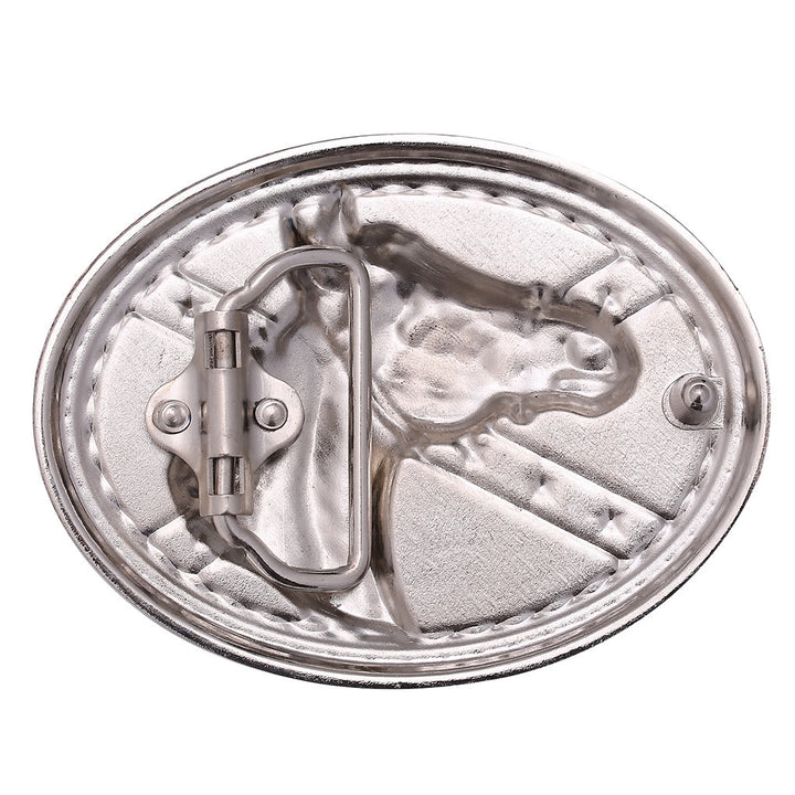 Cintura da uomo con fibbia a bandiera con testa di cavallo in argento e goffratura nera - image 2