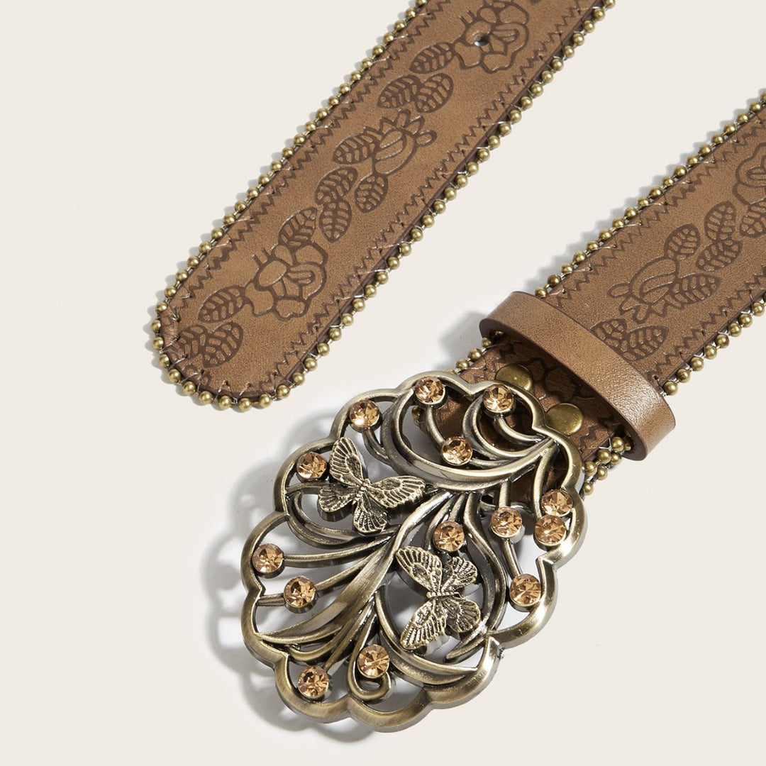 Cintura da donna in metallo con fibbia floreale a forma di farfalla e diamante, marrone goffrato - image 1