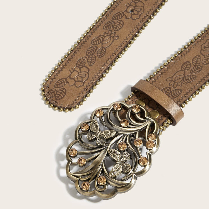 Cintura da donna in metallo con fibbia floreale a forma di farfalla e diamante, marrone goffrato - image 1