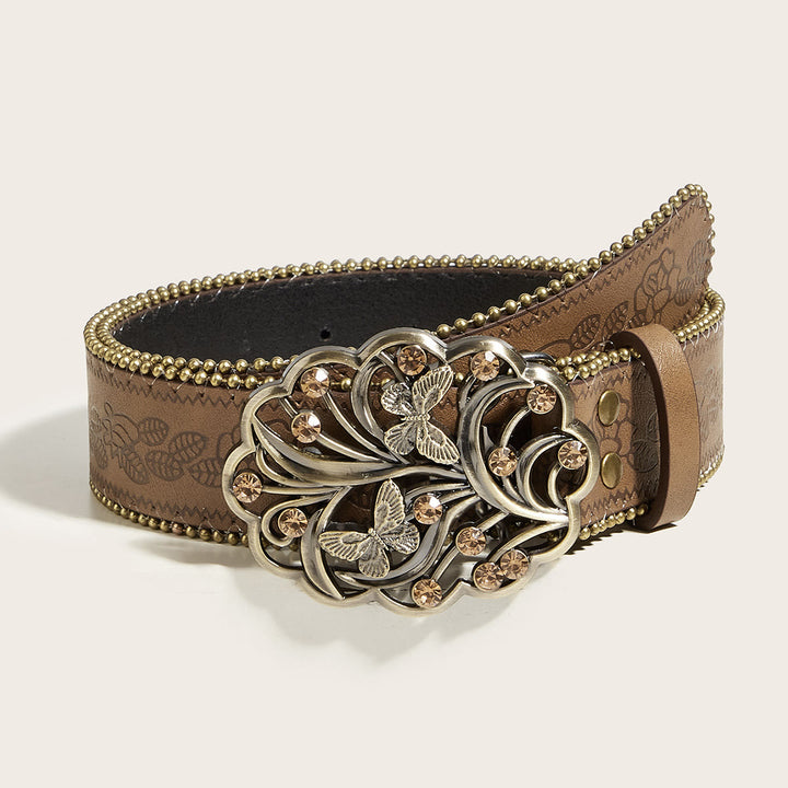 Cintura da donna in metallo con fibbia floreale a forma di farfalla e diamante, marrone goffrato - Farfalla floreale - 34 - image 0