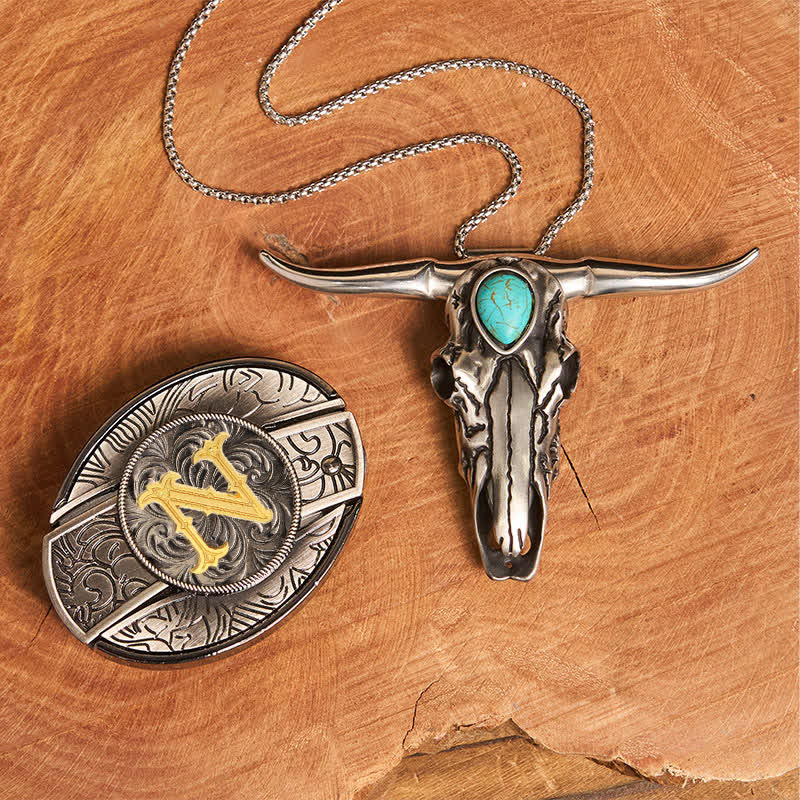 Set di ciondoli a forma di toro turchese con fibbia per coltello nascosto fai da te con lettera iniziale - N - Senza cintura - image 22