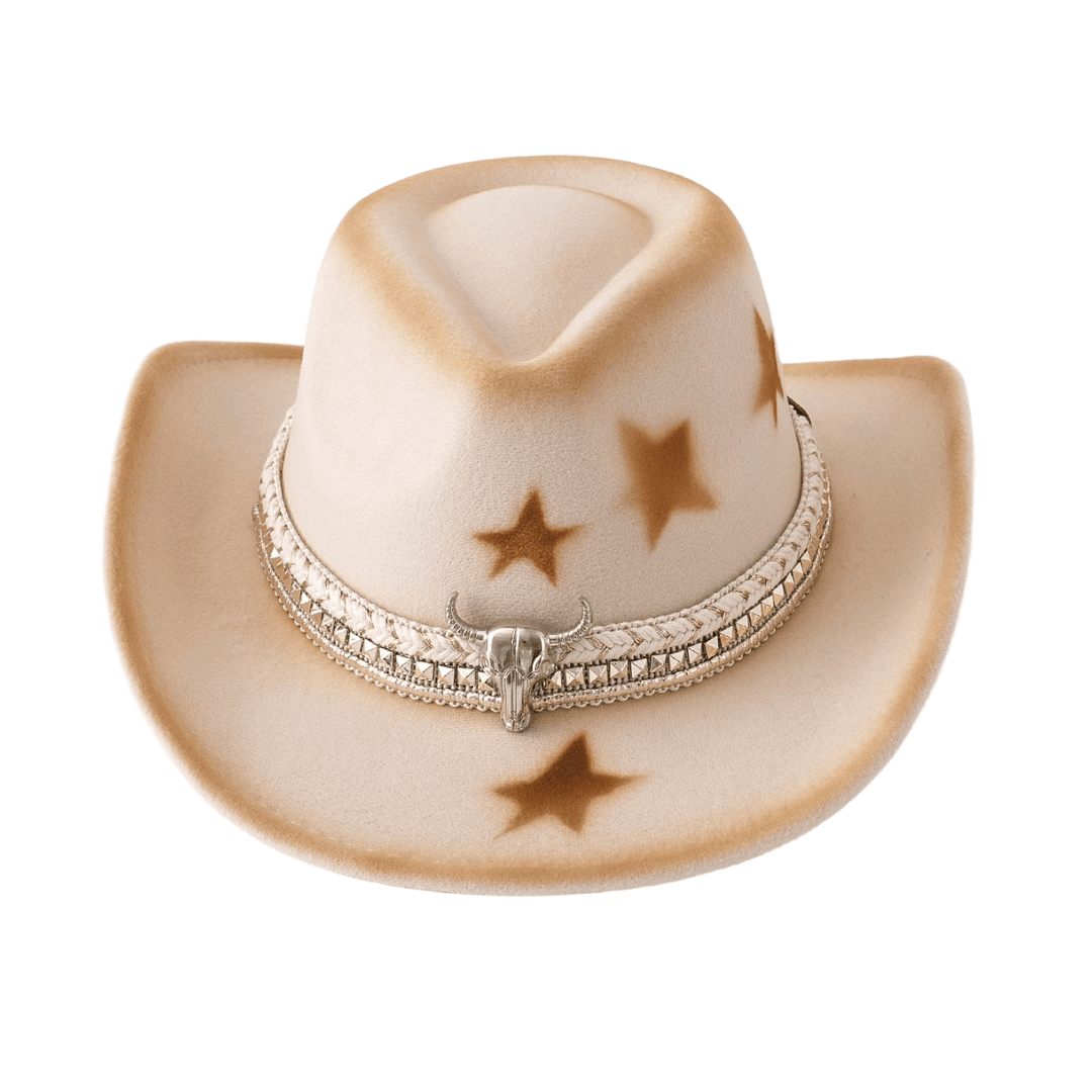 Cintura da uomo con testa di toro argentata e stelle, cappello da cowboy beige - image 2