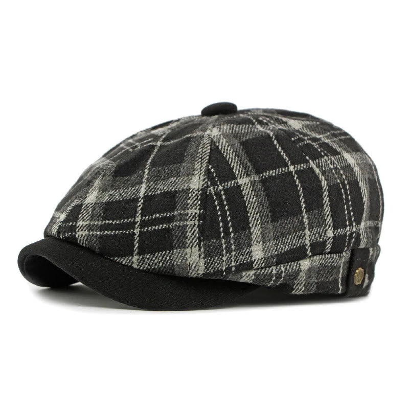 Cappello basco da uomo con tesa a contrasto scozzese vintage invernale - Nero - Regolabile (21 5/8"-23 1/4") - image 1