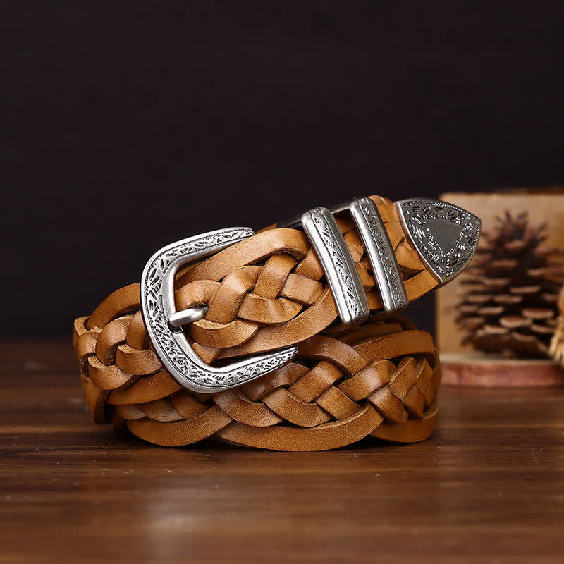 Cintura casual in pelle intrecciata a mano con fascino rustico - Cachi - 38 - image 0