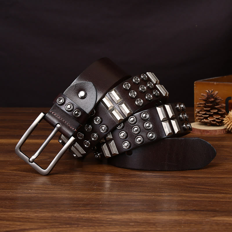 Cintura in pelle Edgy Premium con borchie rotonde e geometriche - Marrone - 44 - image 5