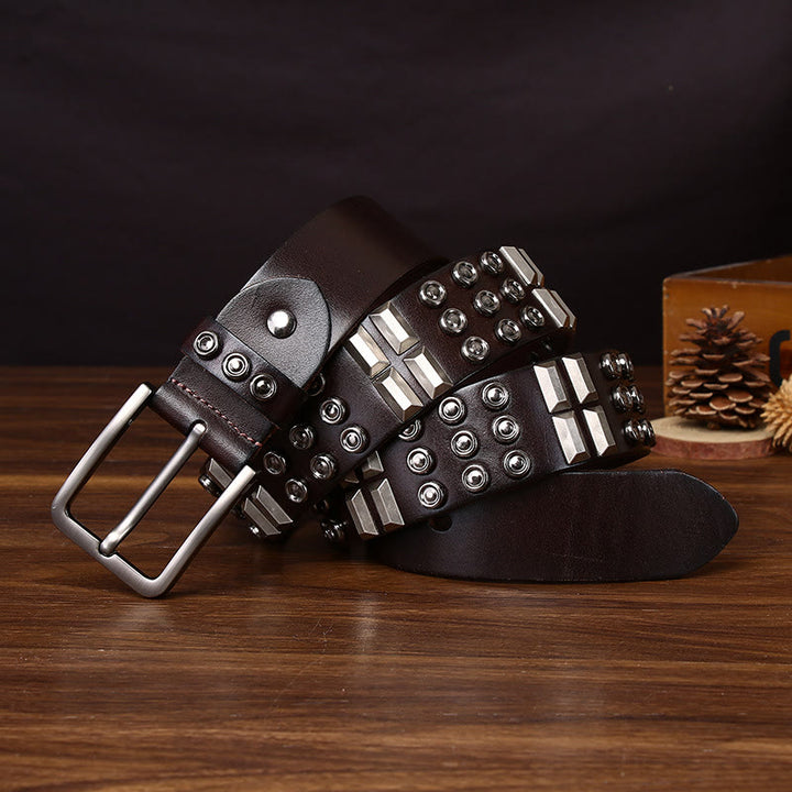 Cintura in pelle Edgy Premium con borchie rotonde e geometriche - Marrone - 44 - image 5