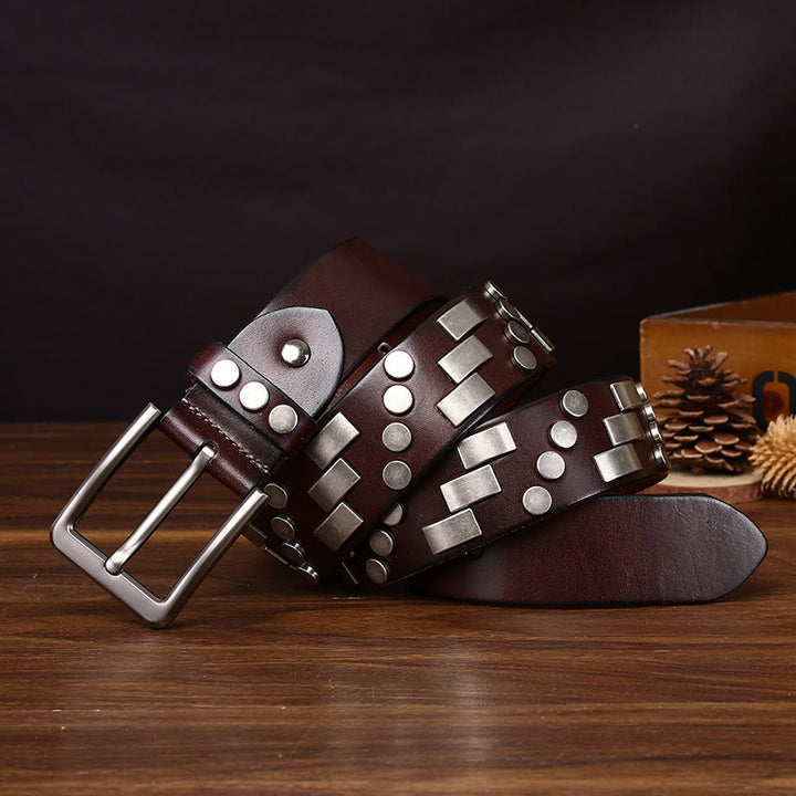 Cintura in pelle con dettagli in metallo quadrati e circolari di alta qualità - Marrone - 44 - image 3