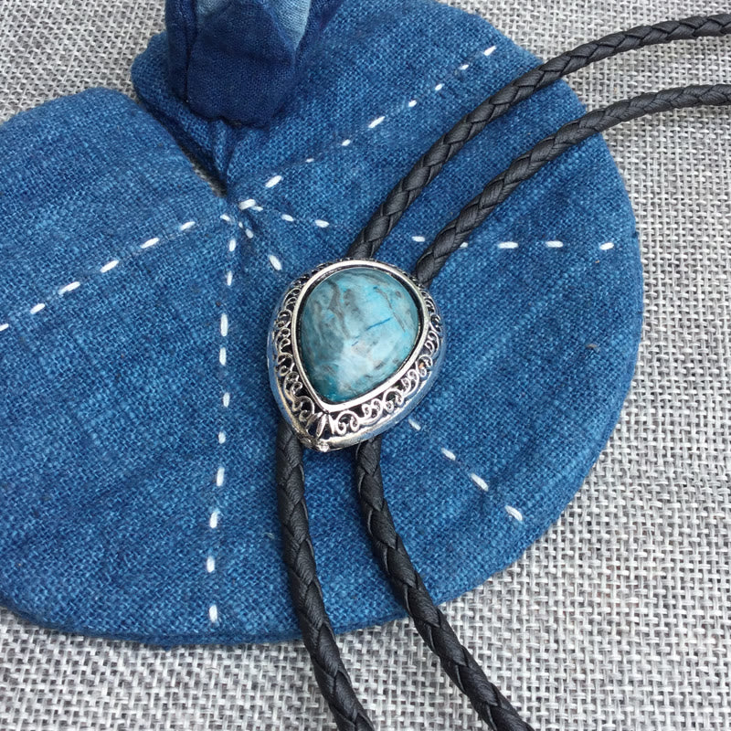Cravatte Bolo in metallo intagliato vintage color turchese a goccia - Blu - image 0
