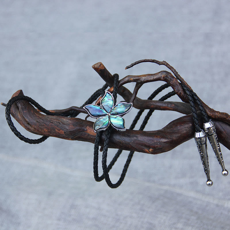 Cravatte di cuoio vintage in metallo con conchiglia di abalone iridescente a forma di fiore - image 1