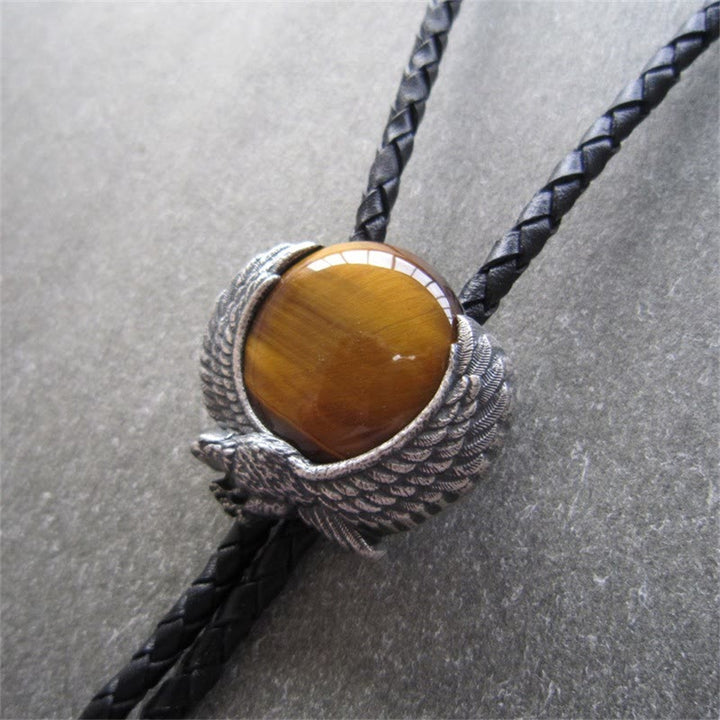 Cravatte Bolo in metallo vintage con pietra occhio di tigre e ali accentuate - image 8