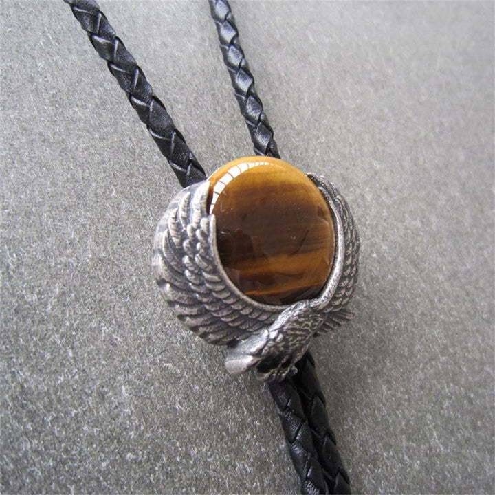 Cravatte Bolo in metallo vintage con pietra occhio di tigre e ali accentuate - image 7