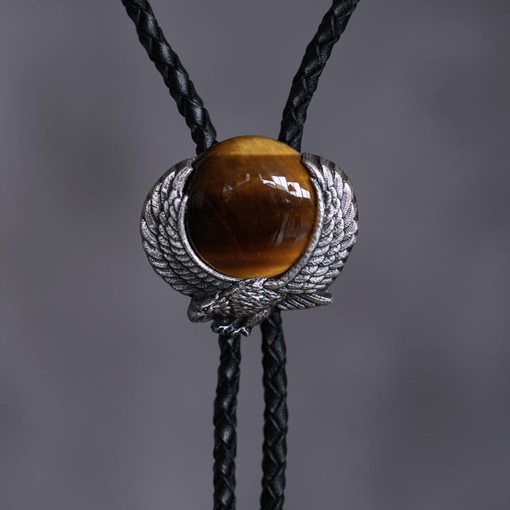 Cravatte Bolo in metallo vintage con pietra occhio di tigre e ali accentuate - image 3