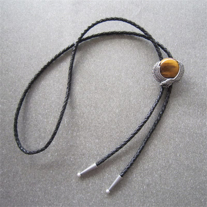Cravatte Bolo in metallo vintage con pietra occhio di tigre e ali accentuate - image 6