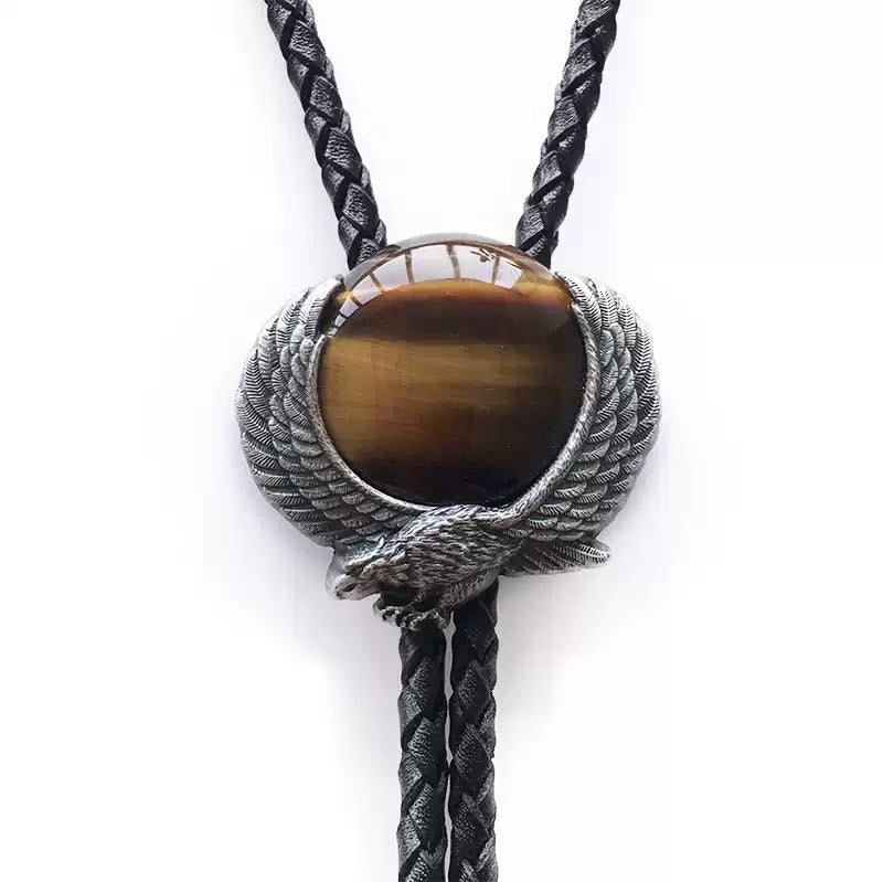 Cravatte Bolo in metallo vintage con pietra occhio di tigre e ali accentuate - image 2