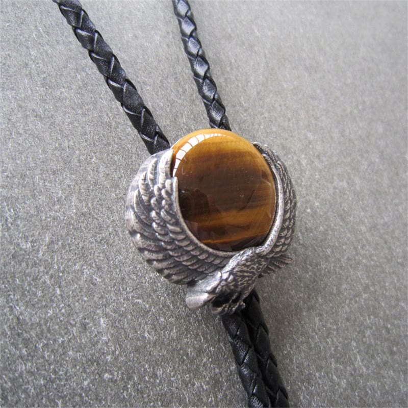 Cravatte Bolo in metallo vintage con pietra occhio di tigre e ali accentuate - image 7