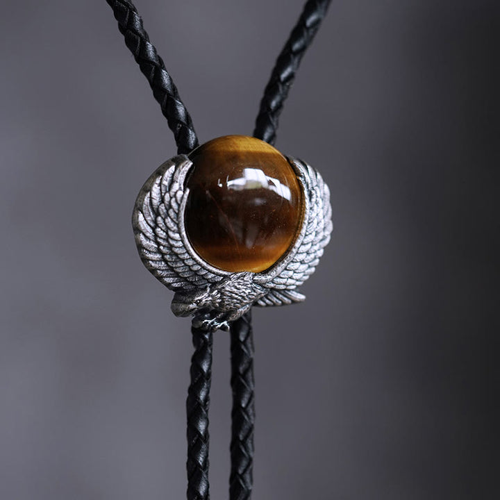 Cravatte Bolo in metallo vintage con pietra occhio di tigre e ali accentuate - image 4