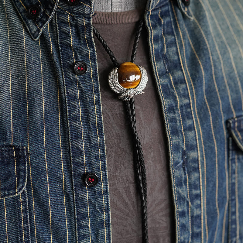 Cravatte Bolo in metallo vintage con pietra occhio di tigre e ali accentuate - image 1