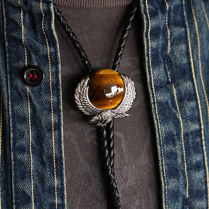 Cravatte Bolo in metallo vintage con pietra occhio di tigre e ali accentuate - D'oro - image 0