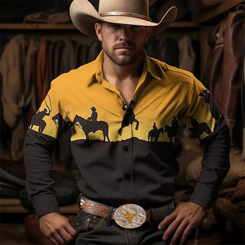 Camicia da uomo a maniche lunghe con stampa 3D e silhouette sfumata in stile cowboy western - Silhouette sfumata - 5XL - image 0