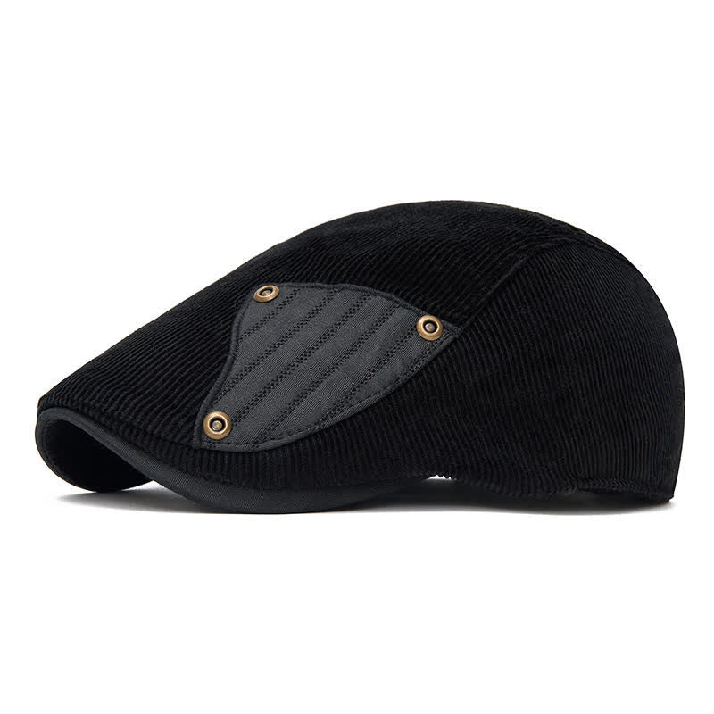Cappello basco in velluto a coste con toppe a contrasto, stile street chic - Nero - Regolabile (22"-24") - image 9
