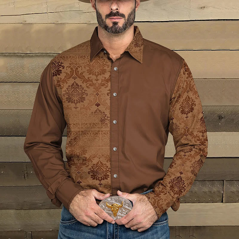 Camicia da uomo a maniche lunghe con stampa western e patchwork in tinta unita - Marrone - 5XL - image 0